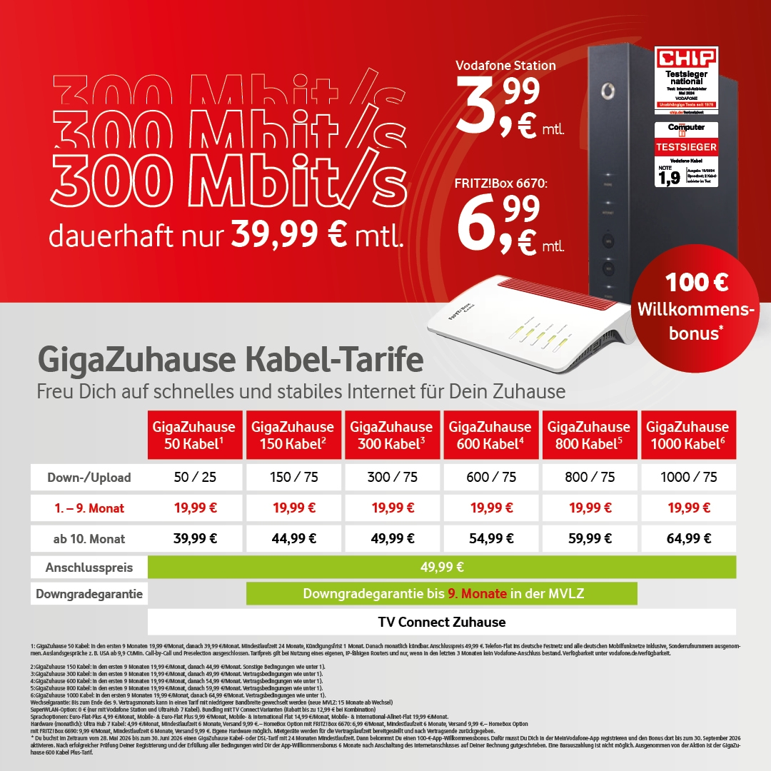 Vodafone GigaZuhause Kabel-Tarife