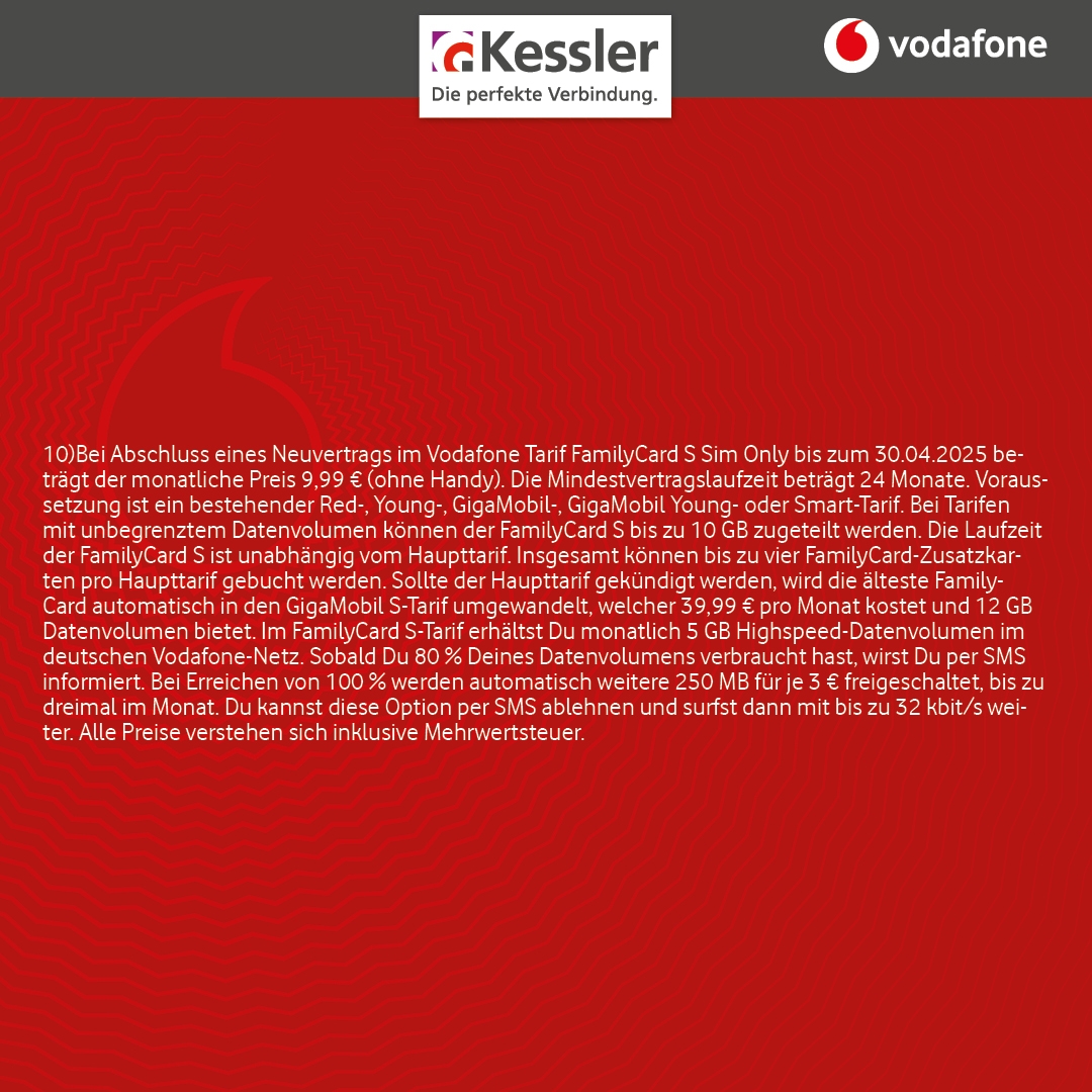 Vodafone Family Card S für nur 9,99€ mtl.