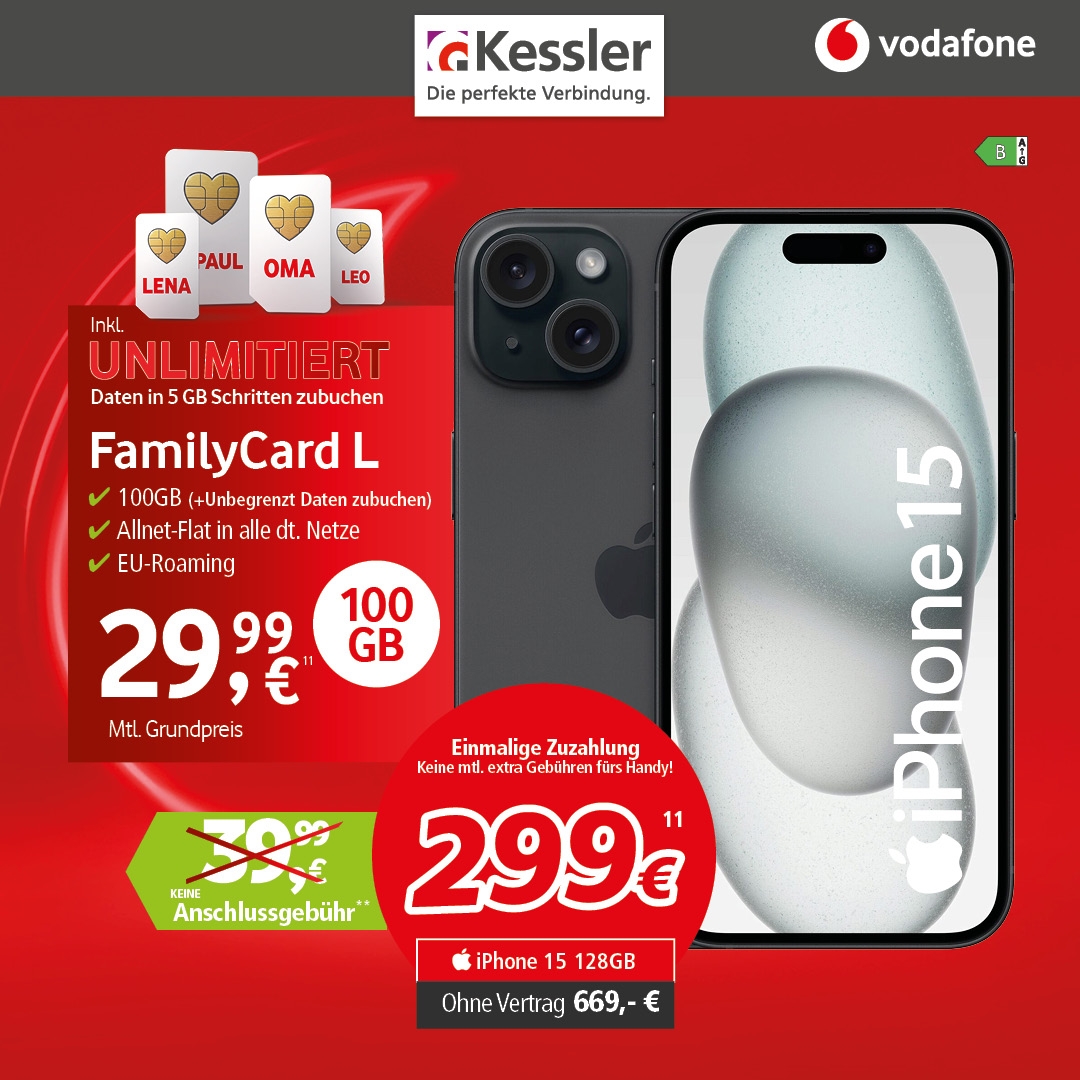 Vodafone FamilyCard L mit Apple iPhone 15 128GB