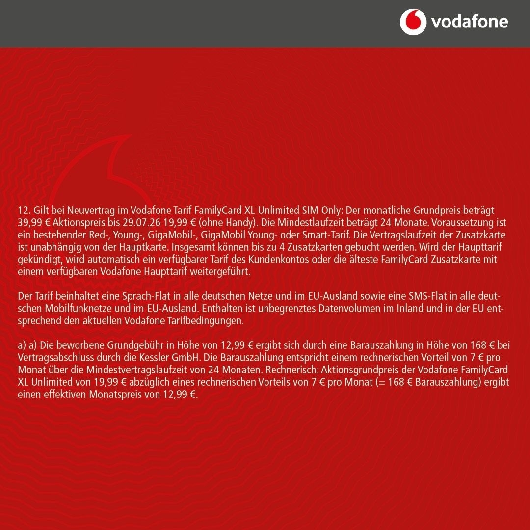 Vodafone Family Card XL für nur 12,99€ mtl.