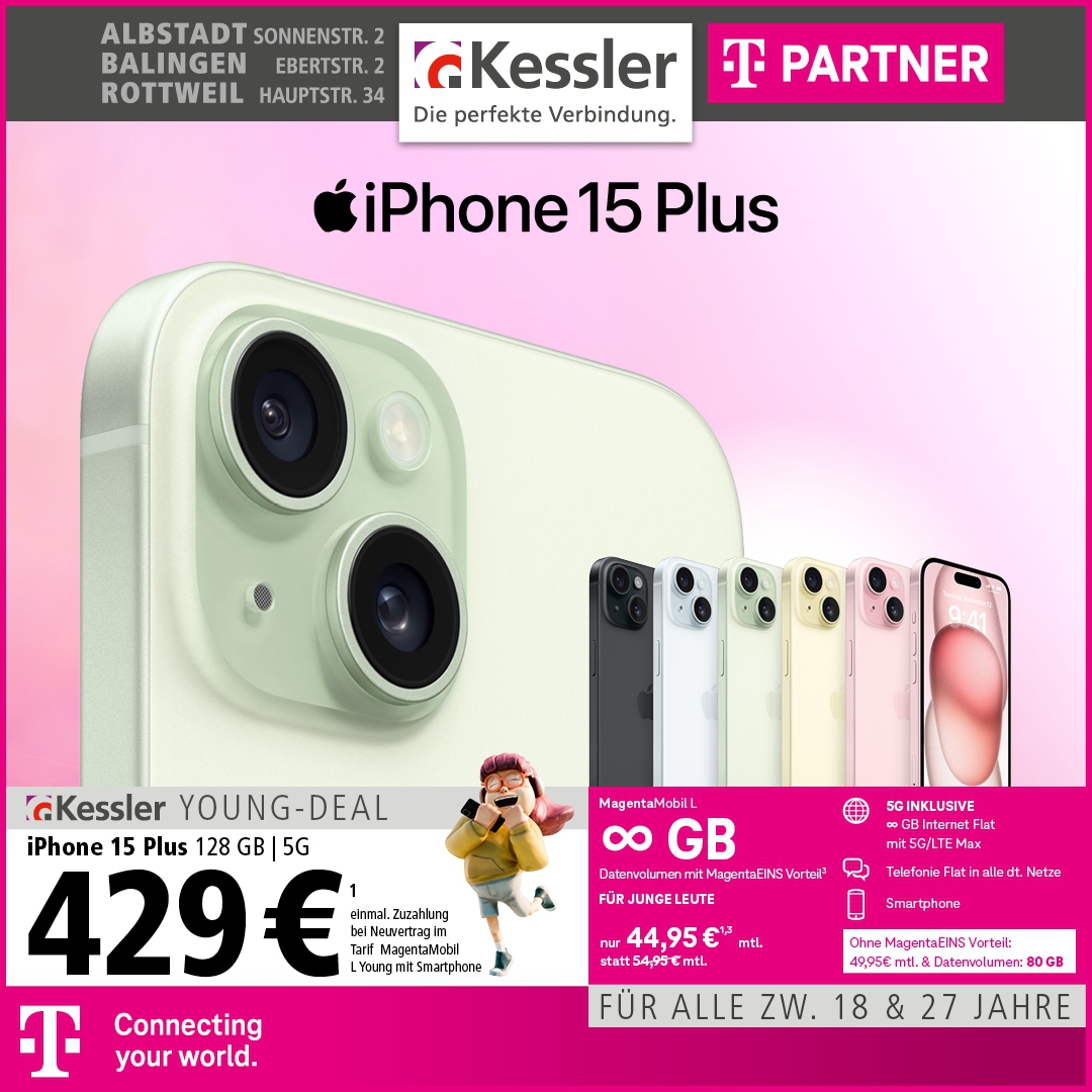 Telekom Magenta Mobil L Young mit IPhone 15 Plus