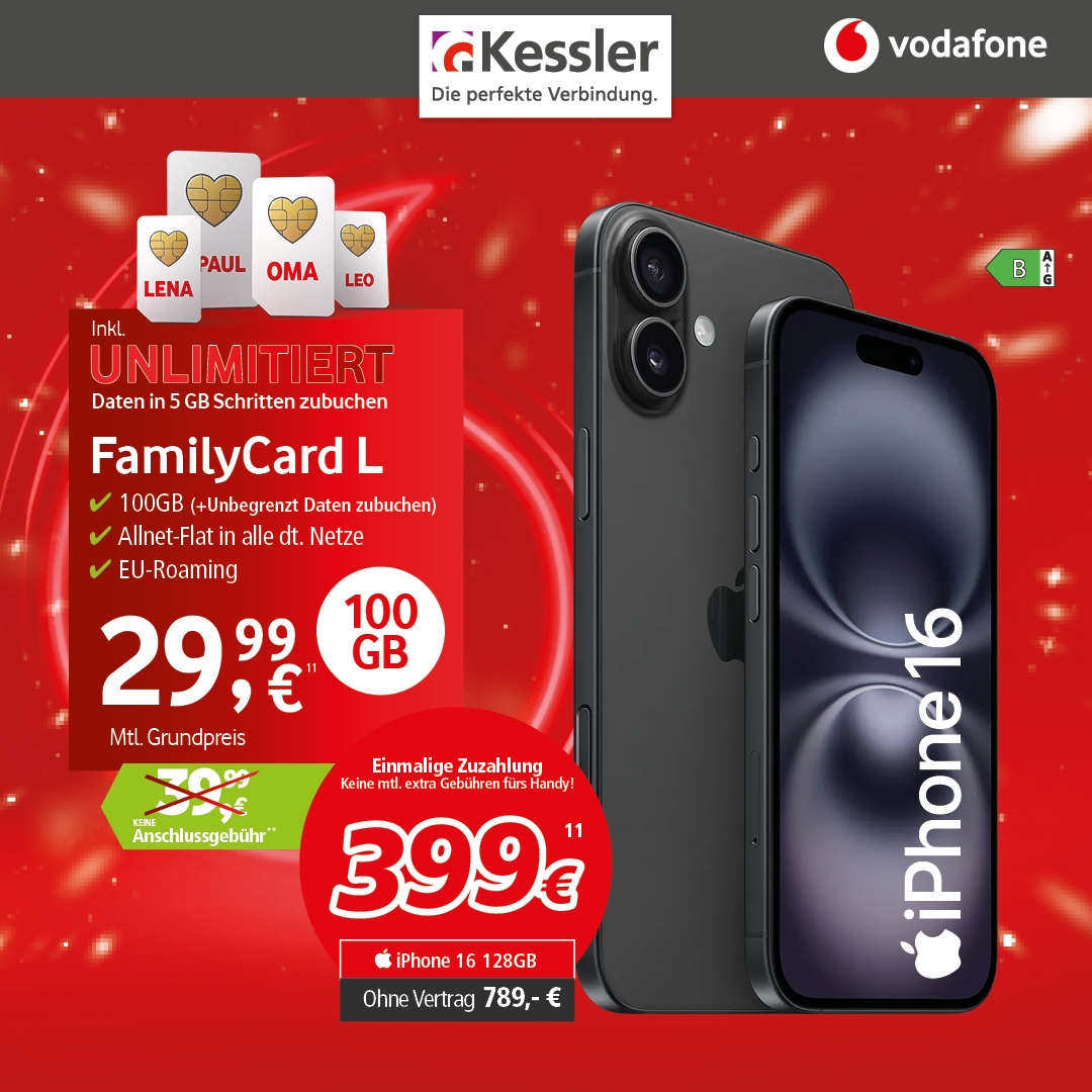 Vodafone FamilyCard L mit Apple iPhone 16 128GB