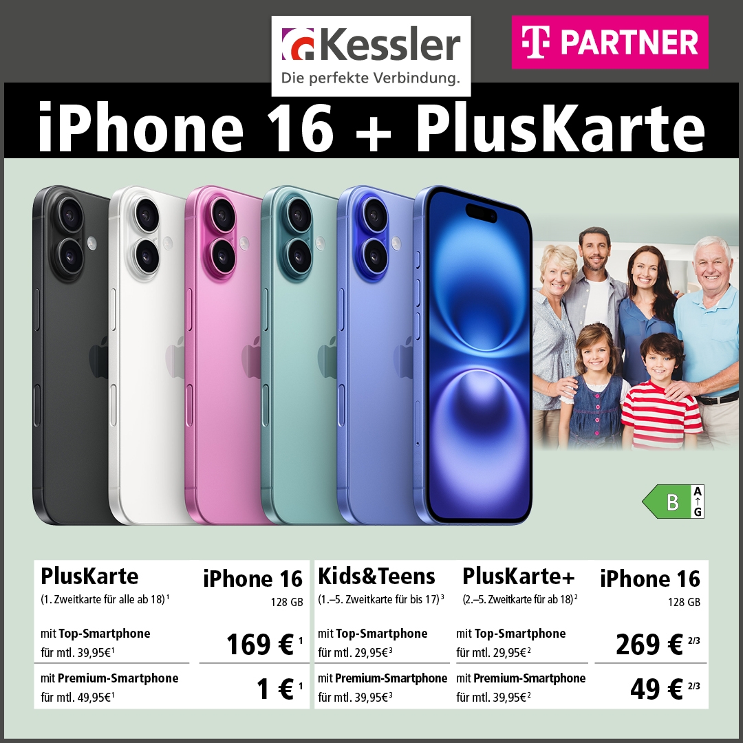 Magenta Mobil PlusKarte mit iPhone 16 128GB ab 1€