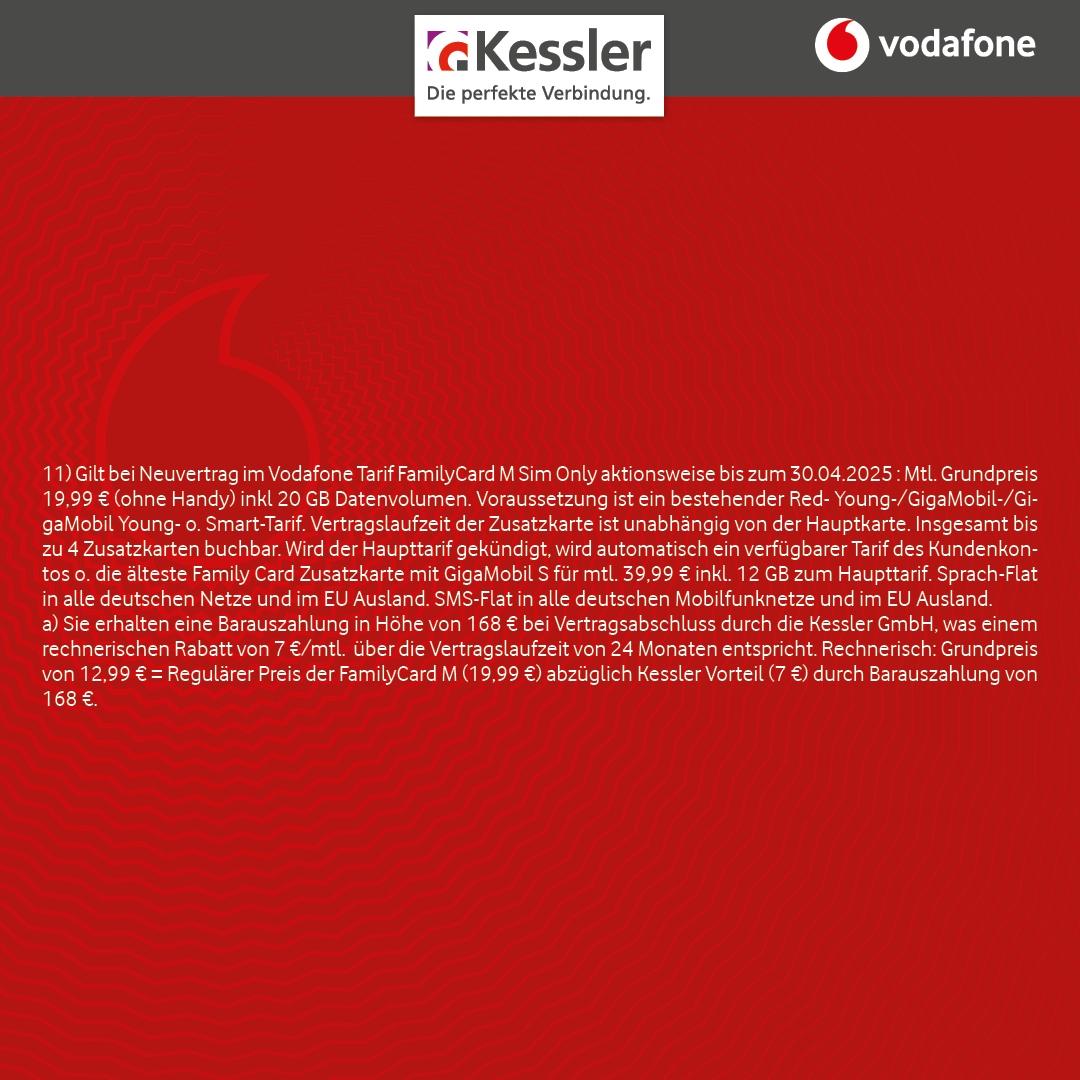 Vodafone Family Card M für nur 12,99€ mtl.