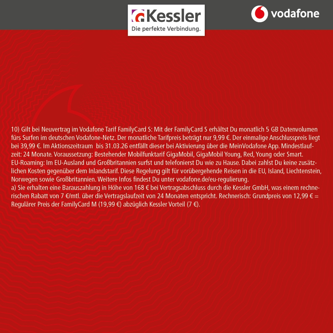 Vodafone Family Card S für nur 9,99€ mtl.