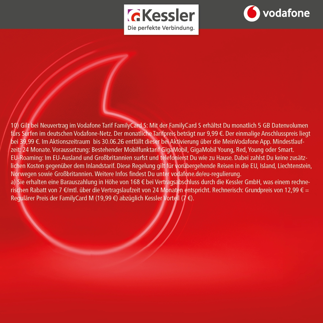 Vodafone Family Card S für nur 9,99€ mtl.