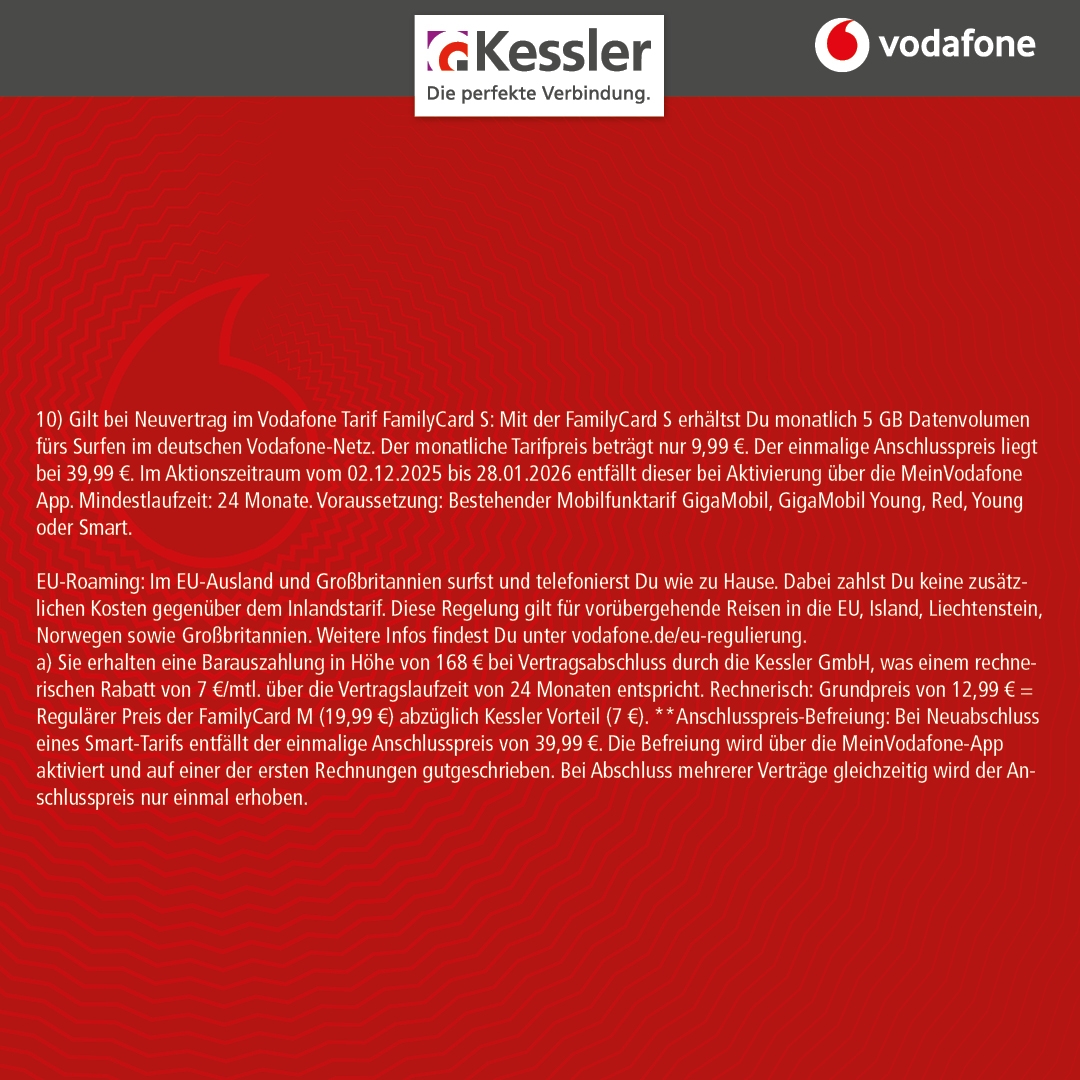 Vodafone Family Card S für nur 9,99€ mtl.