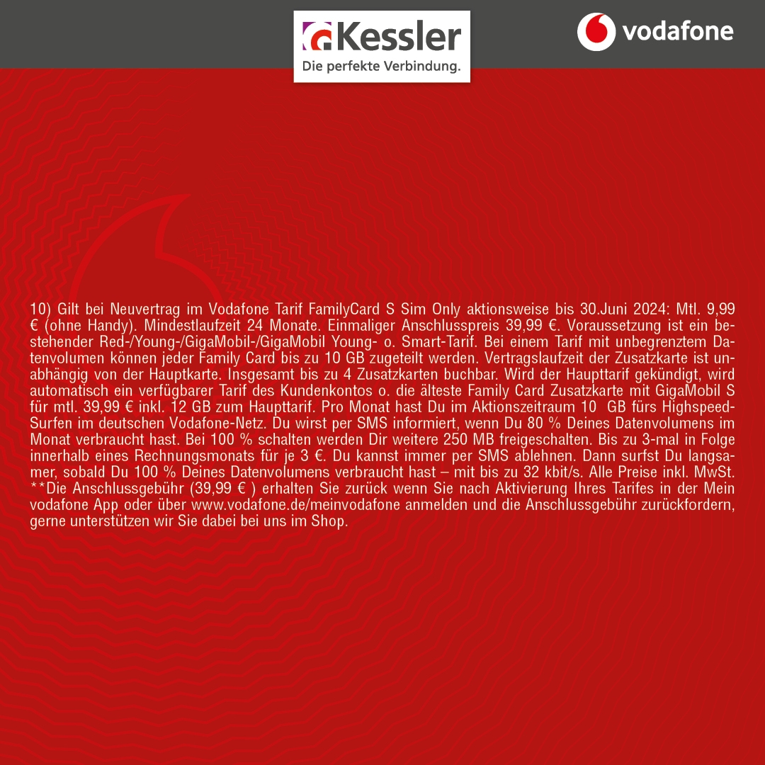 Vodafone Family Card S für nur 9,99€ mtl.