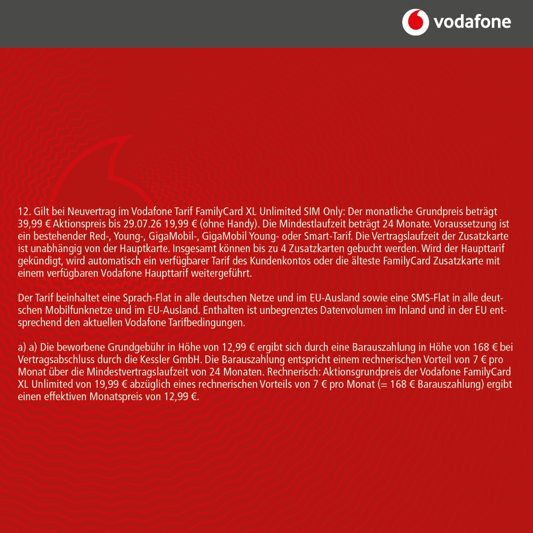 Vodafone Family Card XL für nur 12,99€ mtl.