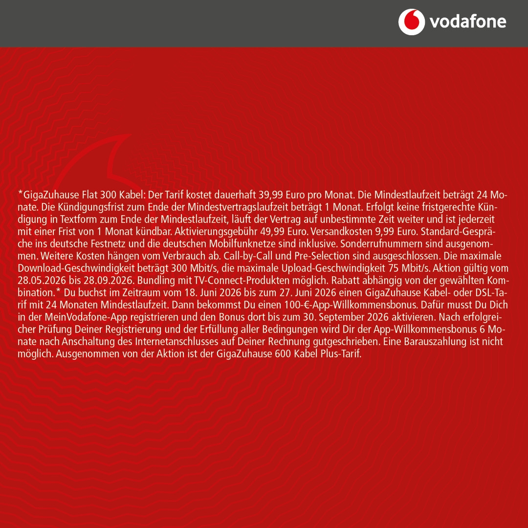 Vodafone Cable: 300 Mbit/s für dauerhaft 39,99€