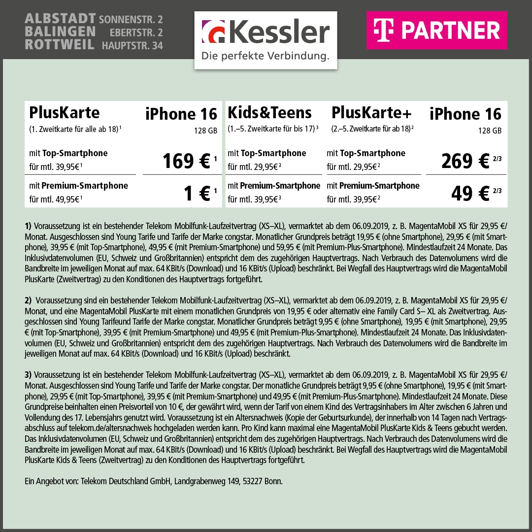 Magenta Mobil PlusKarte mit iPhone 16 128GB ab 1€