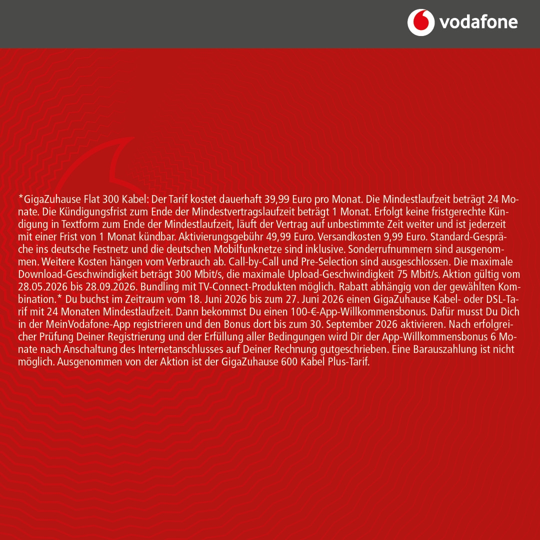 Vodafone Cable: 300 Mbit/s für dauerhaft 39,99€