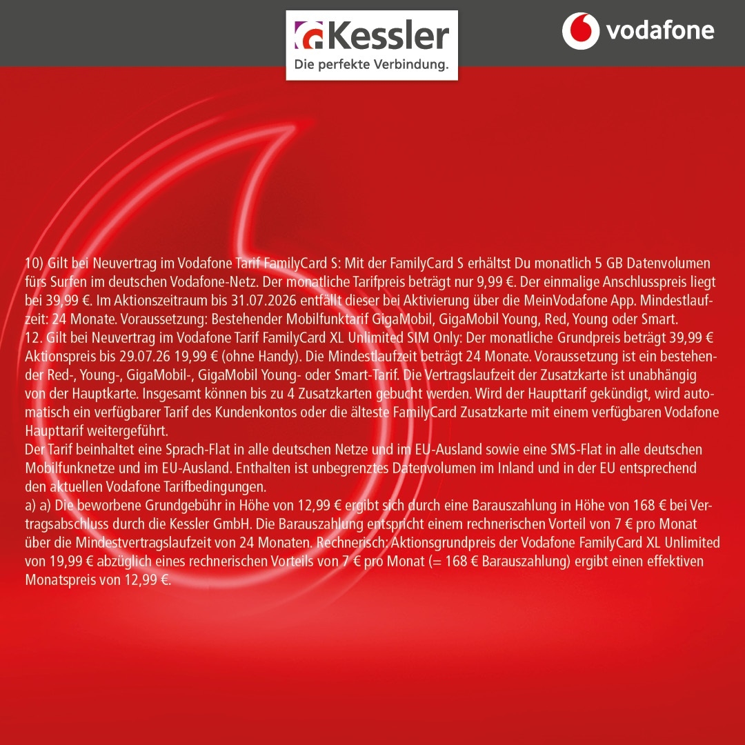 Vodafone Family Card S für nur 9,99€ mtl.