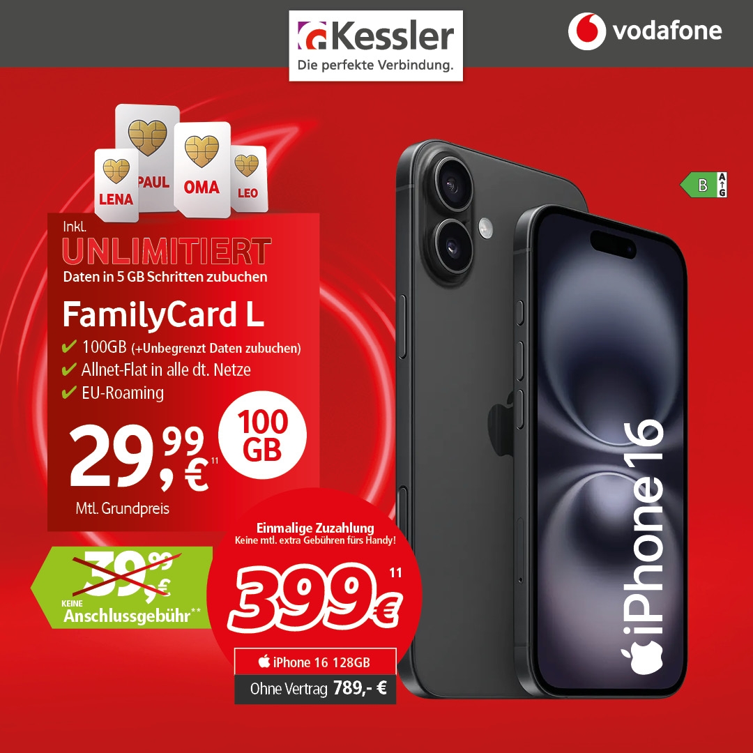 Vodafone FamilyCard L mit Apple iPhone 16 128GB