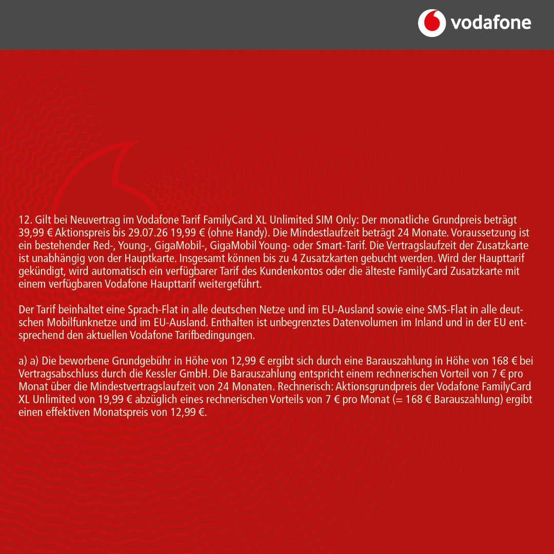 Vodafone Family Card XL für nur 12,99€ mtl.